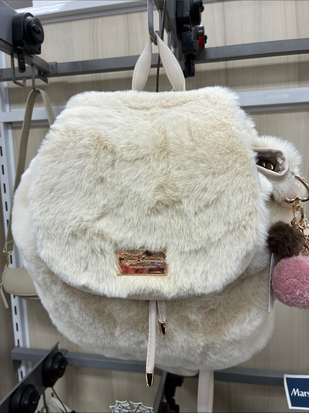 Juicy Couture Cream Faux-Fur Backpack with Pom Charm